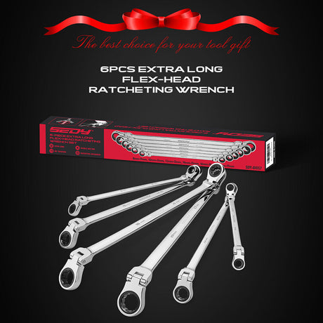 Extra long flex-head ratcheting spanner set with chrome vanadium steel construction, showcasing 180-degree rotating heads and multiple size options from 8mm to 19mm.