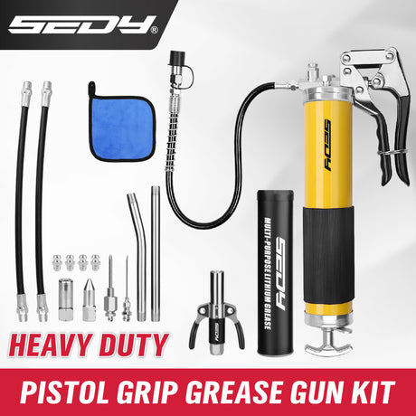 SEDY 17-piece grease gun kit with pistol handle, flexible spring hose, locking coupler, nozzles, and grease canister for heavy-duty lubrication work.