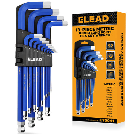 ELEAD 13-piece blue hex key set with ball ends and size indicators, ranging from 2-19mm, for precision work in tight spaces