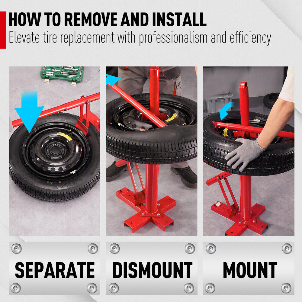 Portable manual tire changer bead breaker tool for cars, trucks, and motorcycles, featuring a durable red steel frame for easy tire removal and installation.