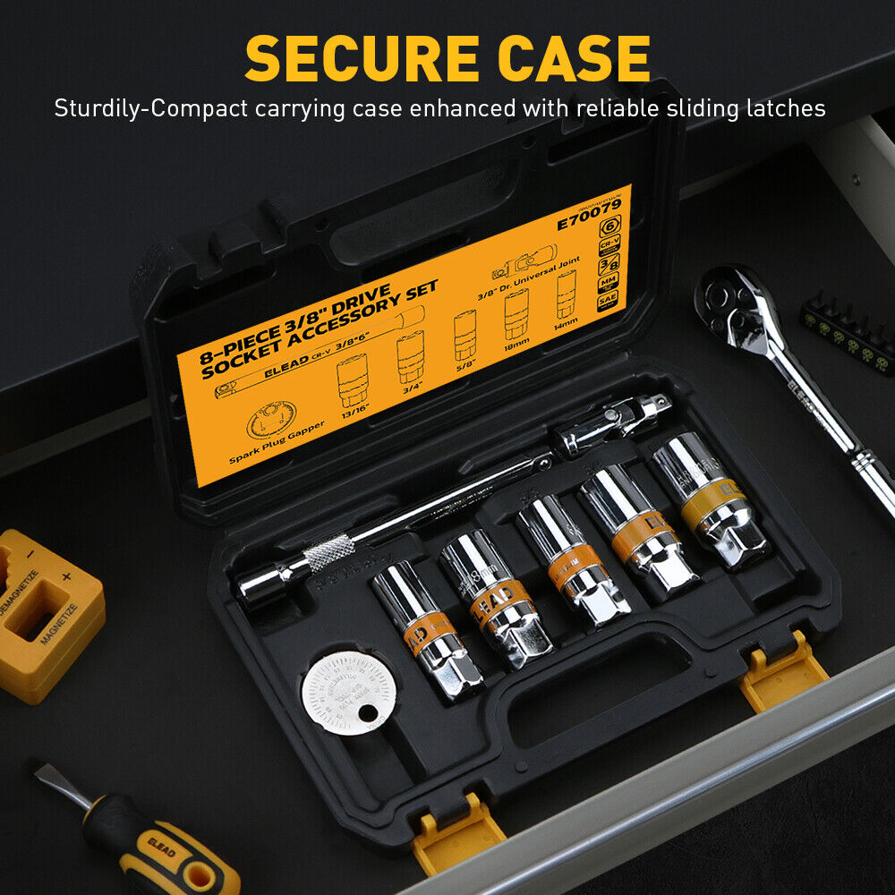 8-piece 3/8" drive socket accessory set with CR-V steel, 6-point design, includes spark plug gapper, extension bar, and universal joint for versatile use.