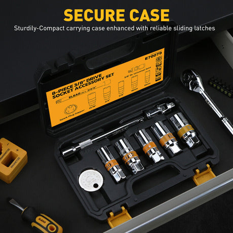8-piece 3/8" drive socket accessory set with CR-V steel, 6-point design, includes spark plug gapper, extension bar, and universal joint for versatile use.