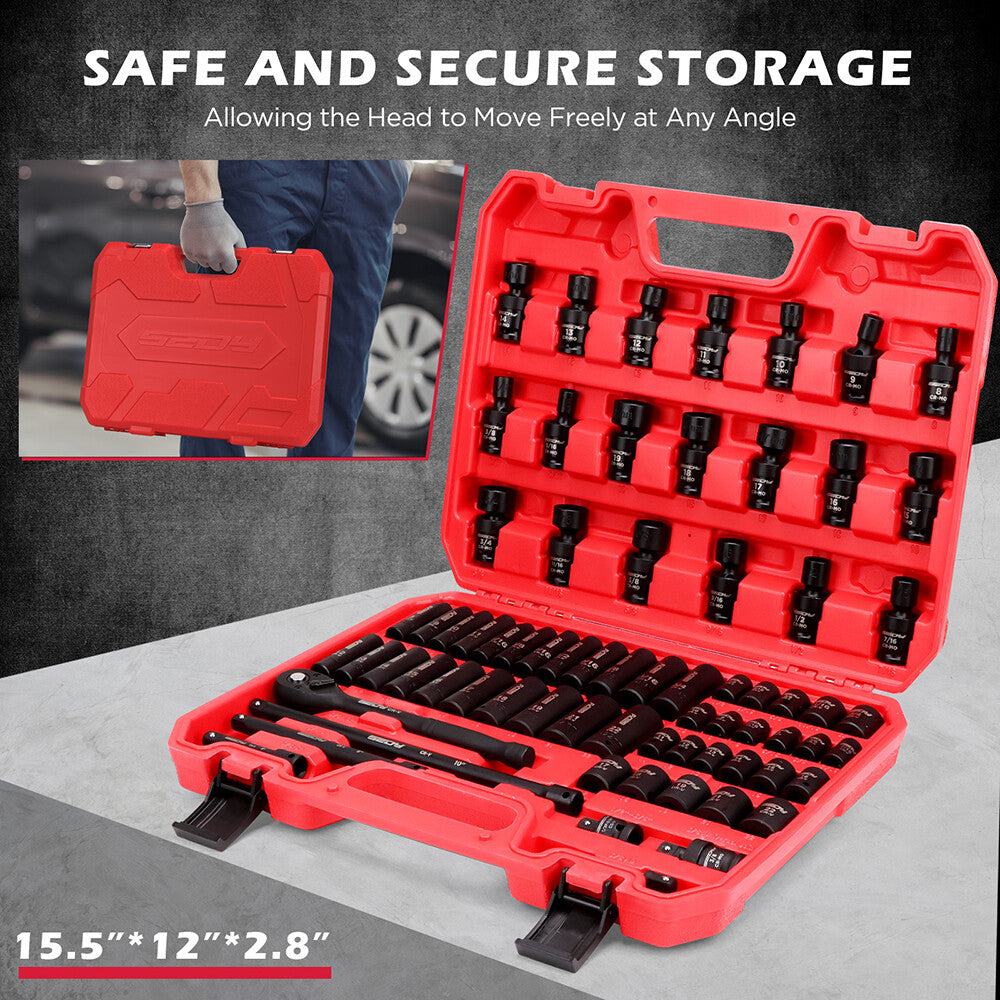 SEDY 71-piece SAE and metric impact socket set with Cr-V steel, swivel sockets, extensions, and durable red carry case for mechanics and automotive work.