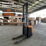 Stand-up electric stacker with 3-meter lift height and 1500kg capacity. Designed for efficient material handling in warehouses, featuring durable construction, ergonomic controls, and compact design for easy maneuverability.