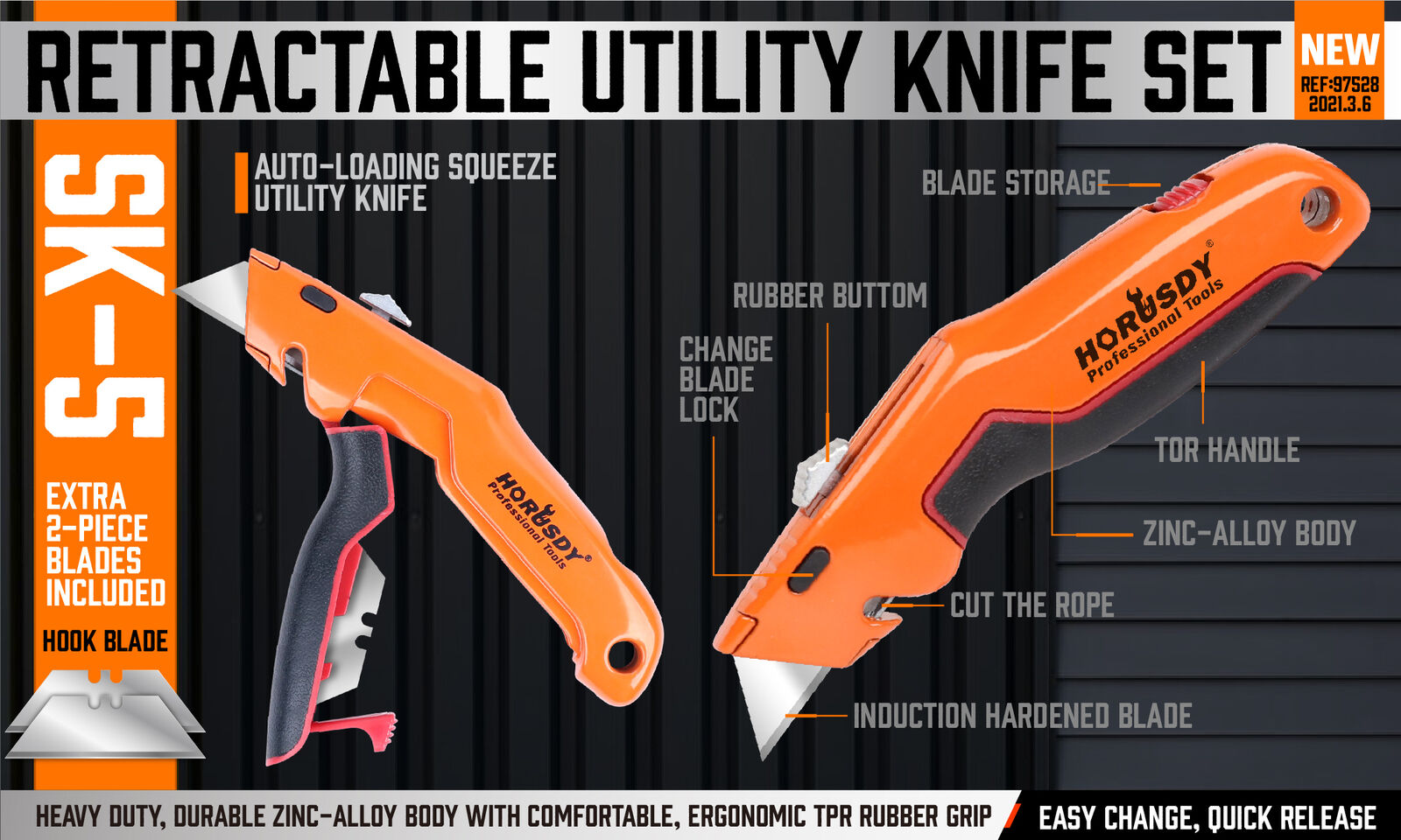 HORUSDY box cutter utility knife with retractable blade, zinc-alloy body, TPR handle, and quick-change blade system for heavy-duty cutting tasks.