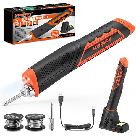 Cordless soldering iron kit with rechargeable 2000mAh battery, quick heating feature, and LED light