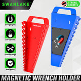 Magnetic wrench organiser set with red and blue 15-slot holders for wall or toolbox mounting, heavy-duty design with strong rare-earth magnets
