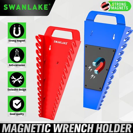 Magnetic wrench organiser set with red and blue 15-slot holders for wall or toolbox mounting, heavy-duty design with strong rare-earth magnets