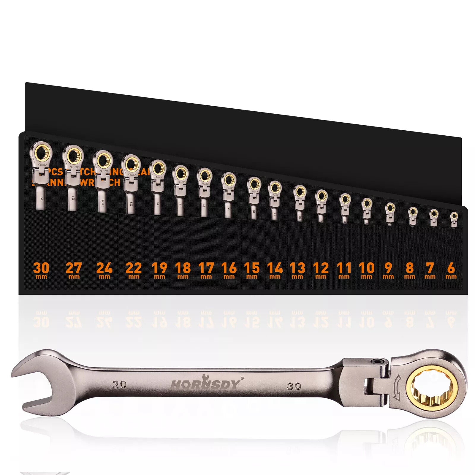 HORUSDY 18-piece metric flexible ratchet spanner set with CR-V steel construction, ranging from 6mm to 30mm, designed for precision work with 72-tooth ratcheting mechanism and 180-degree pivoting head