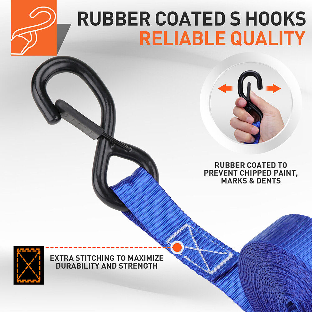 Heavy-duty ratchet tie-down straps with 2200 lbs break strength, rubber-coated S-hooks, ergonomic handles, bungee cords, and a premium storage bag.