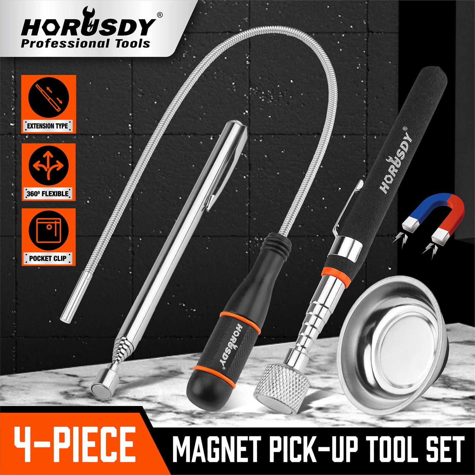 HORUSDY 4Pcs Telescoping Magnet Pick Up Tool Set Magnet Bowls Nuts Bolts Screws