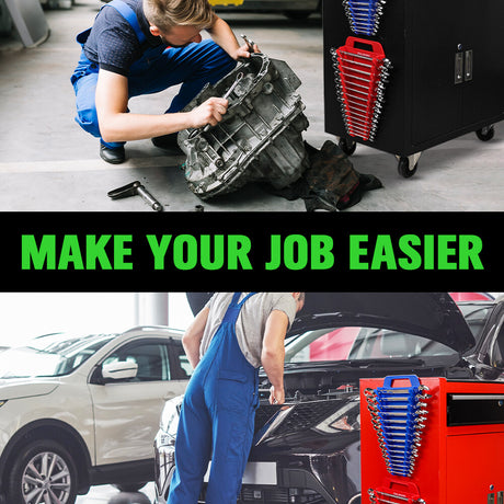 Set of four SWANLAKE magnetic wrench organisers with 15 slots each in red and blue, heavy-duty holders with strong magnets for wall or toolbox use