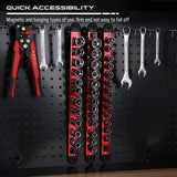 Magnetic socket organizer set with detachable trays for 1/4", 3/8", and 1/2" drive sockets. Ideal for garage tool organization.