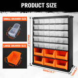 Wall mount 36 drawer parts organiser with clear and orange bins for screws, tools, and hardware storage