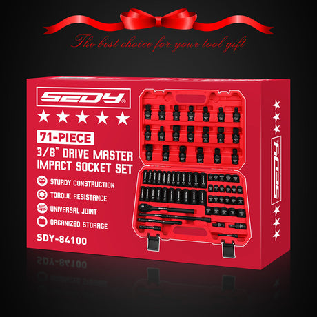 SEDY 71-piece SAE and metric impact socket set with Cr-V steel, swivel sockets, extensions, and durable red carry case for mechanics and automotive work.