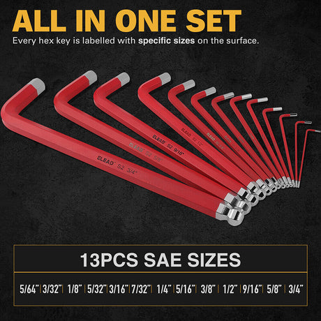 ELEAD 13-piece red hex key set with ball ends and size indicators, ranging from 5/64” to 3/4", for precision work in tight spaces