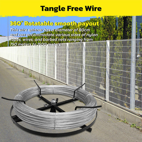 Wire spinner with 360° rotation, adjustable arms for varying coil diameters (33cm to 57cm), and 440 lbs weight capacity. Durable and stable for wire management.