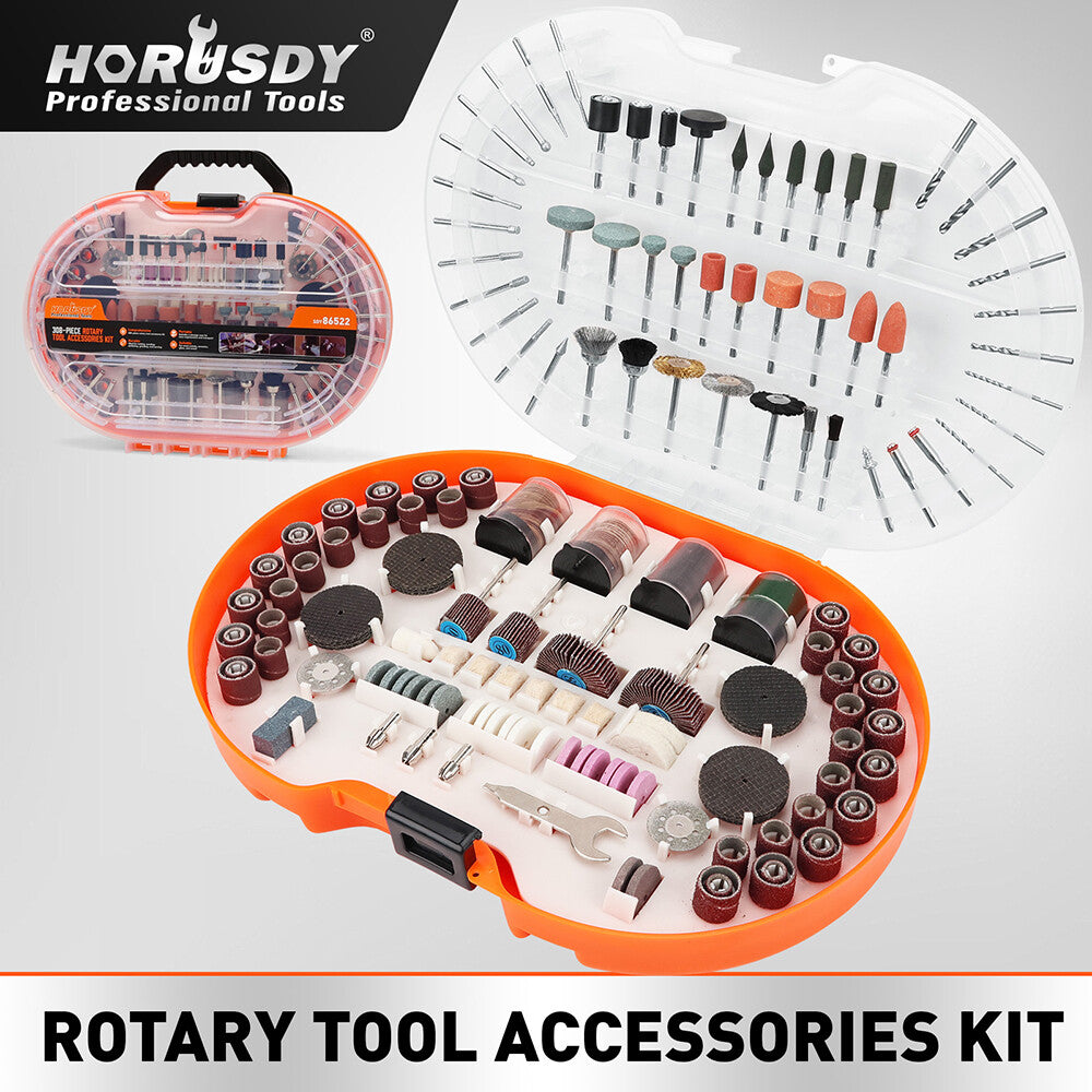 HORUSDY 308-piece rotary accessories kit compatible with Dremel tools, includes sanding, grinding, polishing, and cutting tools with organised storage case.