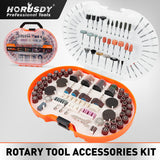 HORUSDY 308-piece rotary accessories kit compatible with Dremel tools, includes sanding, grinding, polishing, and cutting tools with organised storage case.