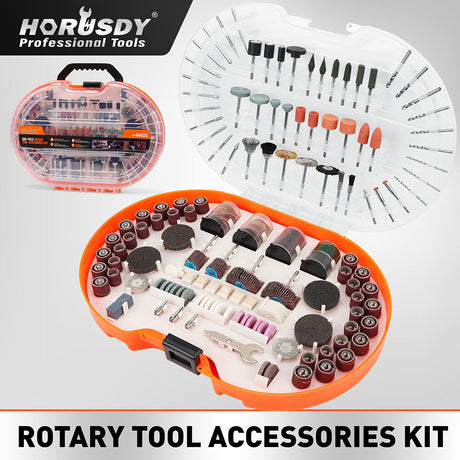 HORUSDY 308-piece rotary accessories kit compatible with Dremel tools, includes sanding, grinding, polishing, and cutting tools with organised storage case.