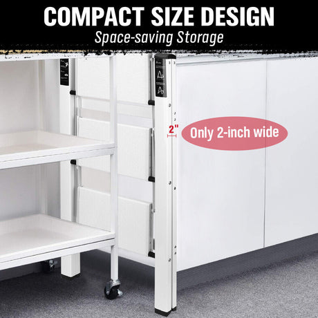 Folding step ladder with 2-step and 3-step options, featuring a compact, space-saving design, non-slip steps, and a 150kg weight capacity, ideal for home and office applications
