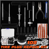 108-piece heavy duty tire repair kit with T-handle tools, pliers, utility knife, and tire plugs in a bright orange case"