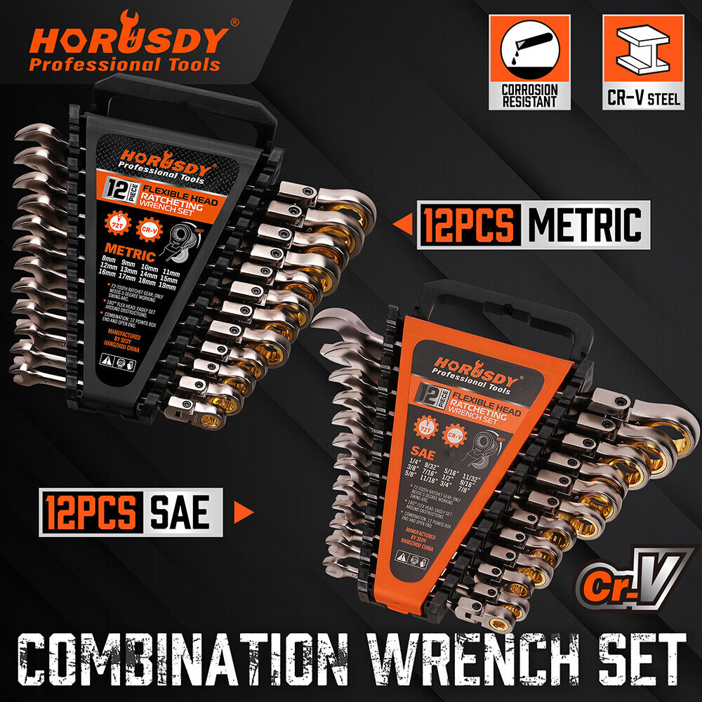 HORUSDY 24Pc Flexible Ratchet Spanner Combination Set SAE and Metric Spanners Nickle Plate CRV