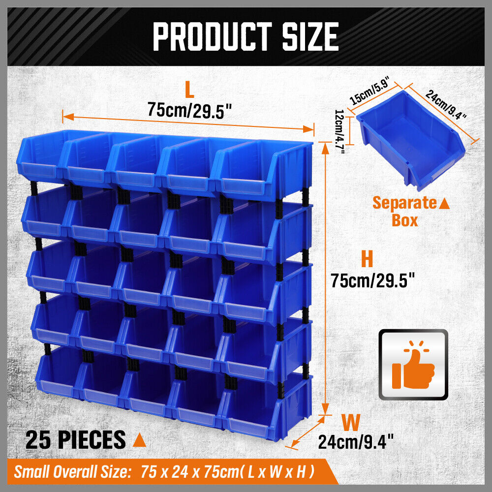 Versatile HORUSDY Storage Bins in 3 Sizes, Stackable and Detachable for Organizing Tools and Small Parts in Workshops and Garages