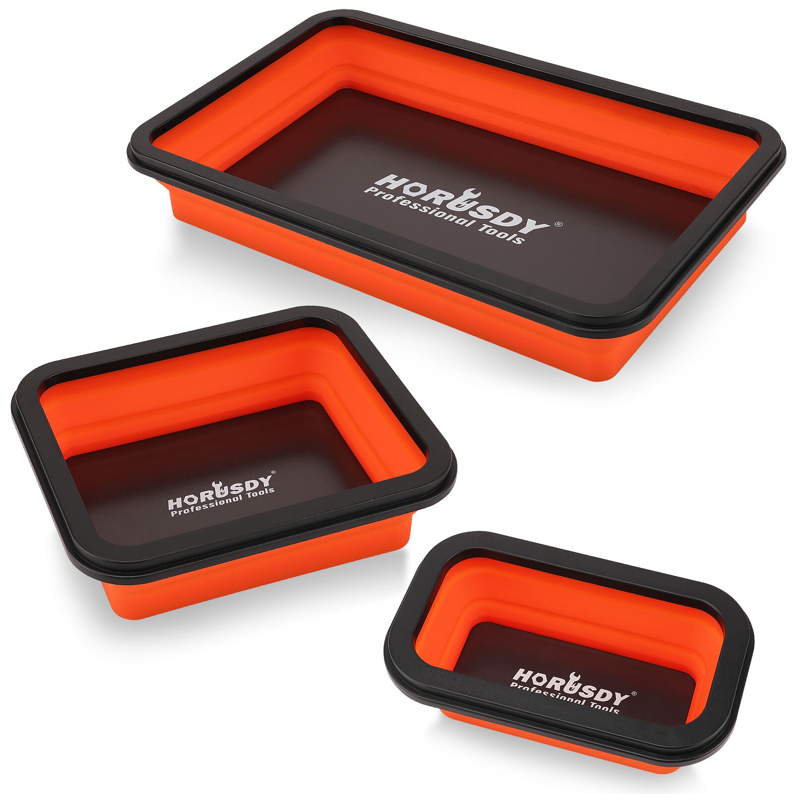  Orange and black HORUSDY magnetic parts tray set in three sizes for tool organization and storage.