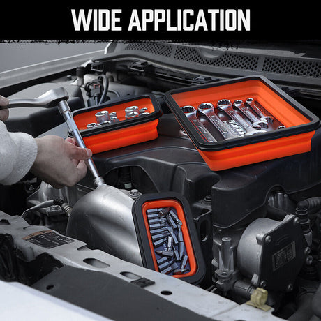  Orange and black HORUSDY magnetic parts tray set in three sizes for tool organization and storage.