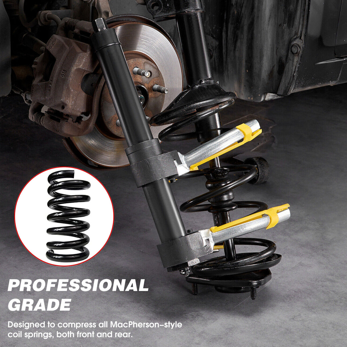 Professional coil spring compressor kit with heavy-duty components for automotive suspension repair