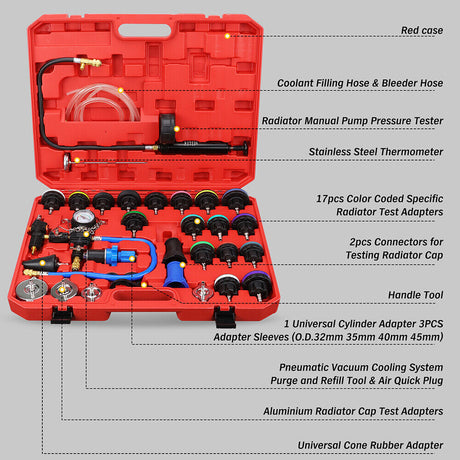 34pc pneumatic coolant pressure tester vacuum cooling system purge and refill kit with various radiator adapters, hose, and storage case
