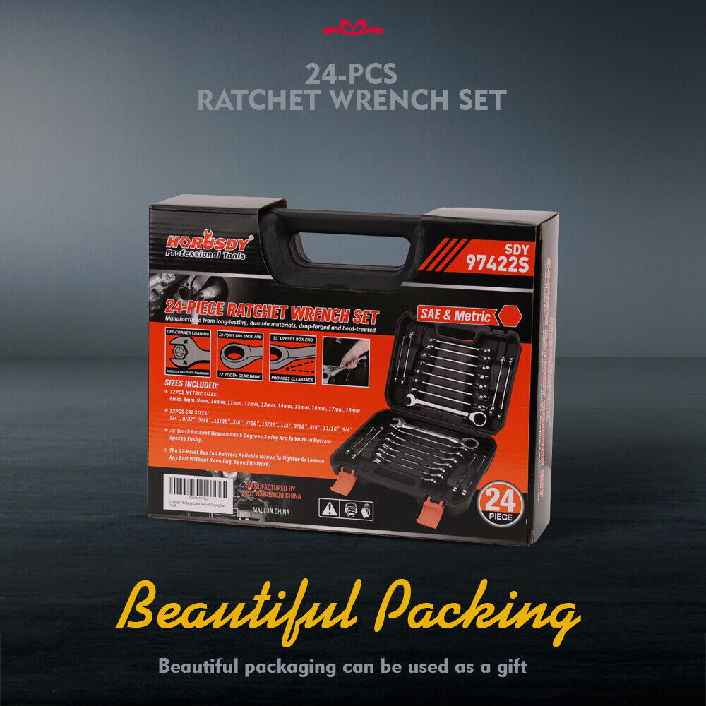 Complete set of 24 HORUSDY ratcheting combination spanners in metric and SAE sizes, showcased with a durable storage case