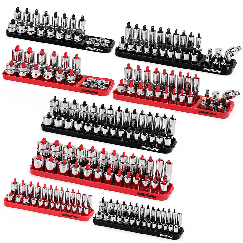 SEDY 8-Piece Magnetic Socket Organizer Tray Set in red and black, displaying various sizes for metric and SAE sockets