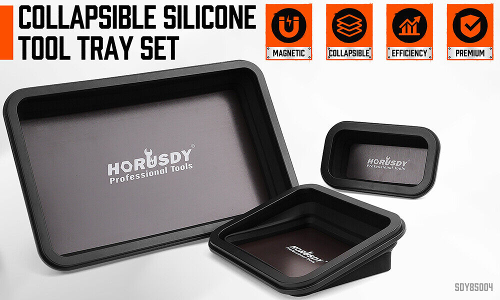 Black HORUSDY magnetic parts tray set in three sizes for tool organization and storage