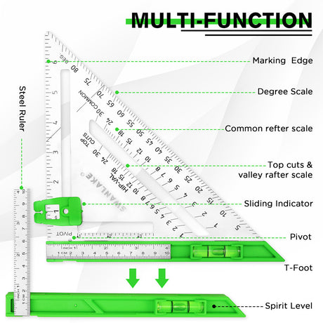 SWANLAKE 4-piece rafter and combination square tool set with ruler and spirit level for woodworking