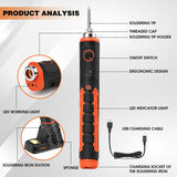 Cordless soldering iron kit with rechargeable 2000mAh battery, quick heating feature, and LED light