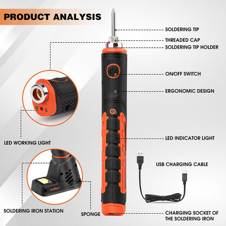 Cordless soldering iron kit with rechargeable 2000mAh battery, quick heating feature, and LED light