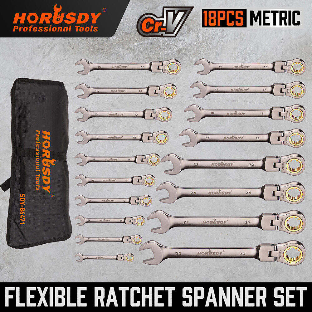 HORUSDY 18-piece metric flexible ratchet spanner set with CR-V steel construction, ranging from 6mm to 30mm, designed for precision work with 72-tooth ratcheting mechanism and 180-degree pivoting head