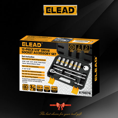 12-piece 3/8" drive socket accessory set with CR-V steel, 6-point design, includes extension bars, universal joint, spark plug gapper, and ratchet handle.