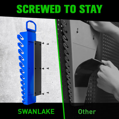 SWANLAKE magnetic wrench organiser with 12 slots and rare-earth magnets, heavy-duty holders for SAE and metric wrenches in red and blue for wall or toolbox mounting