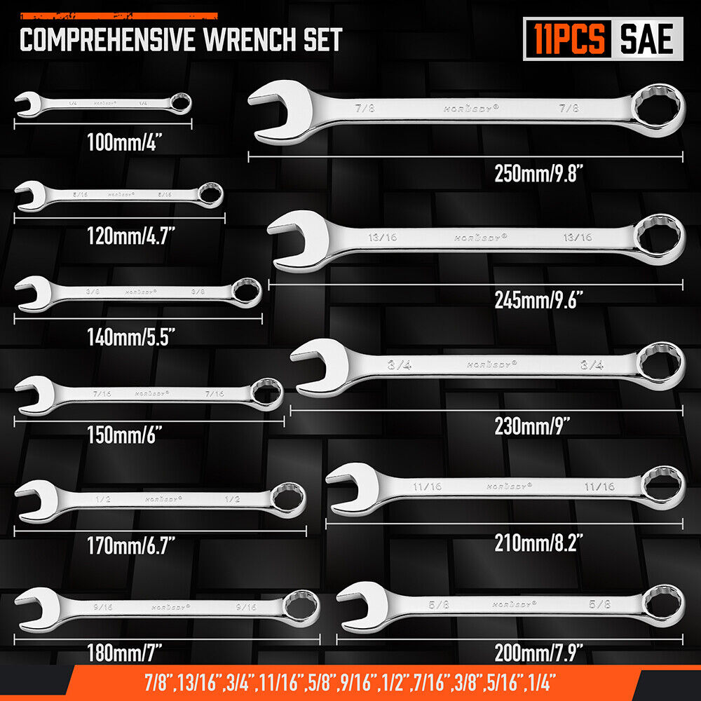 22-piece combination spanner set in SAE and metric sizes, made from durable CR-V steel, featuring corrosion resistance and a portable storage tray.