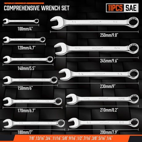 22-piece combination spanner set in SAE and metric sizes, made from durable CR-V steel, featuring corrosion resistance and a portable storage tray.