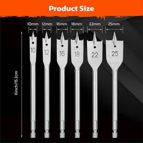 6-piece wood flat drill bit set with 1/4" hex shank for woodworking, featuring high-quality alloy steel and polished surface for fast drilling and chip removal.