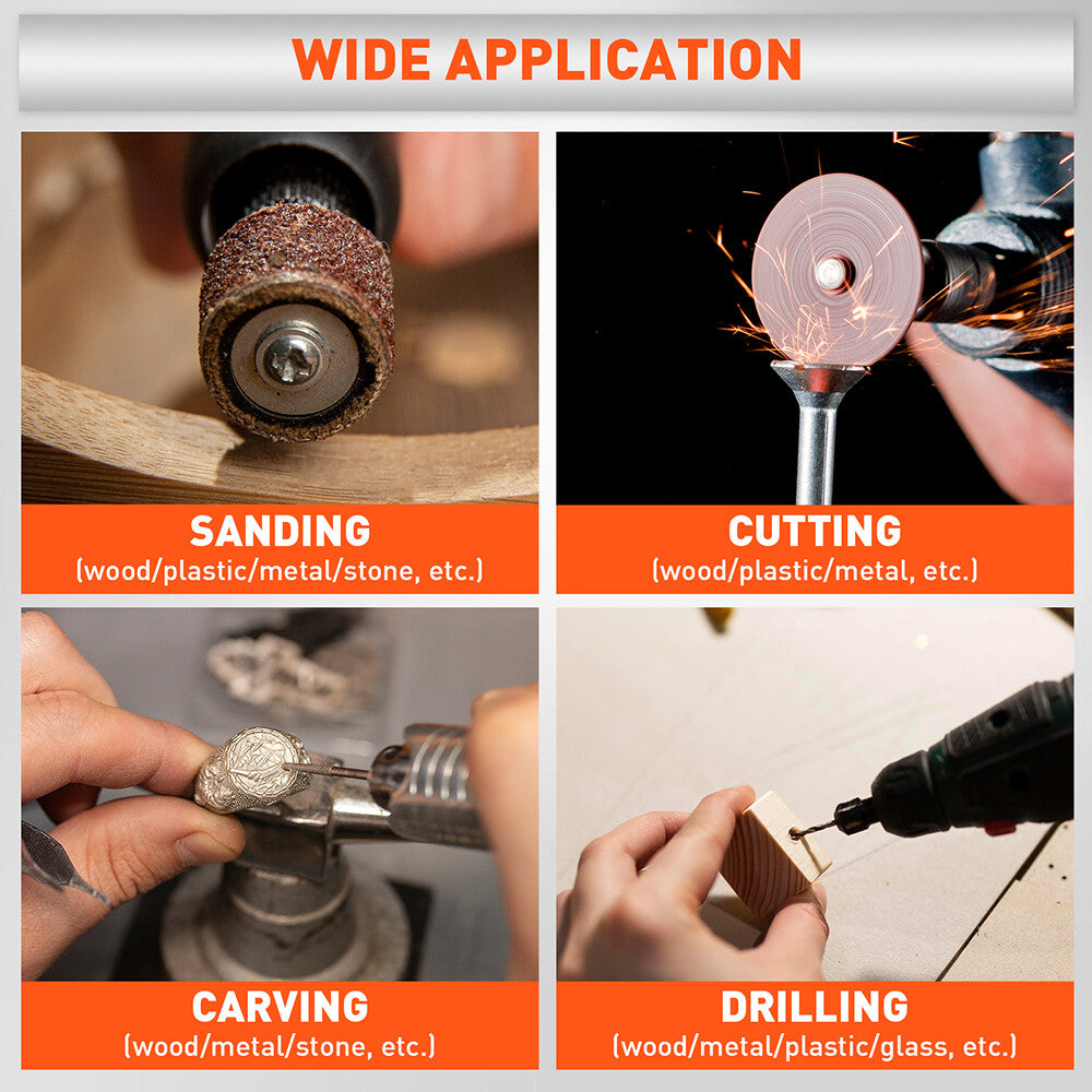 HORUSDY 308-piece rotary accessories kit compatible with Dremel tools, includes sanding, grinding, polishing, and cutting tools with organised storage case.