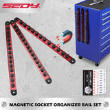 Magnetic socket organizer set with detachable trays for 1/4", 3/8", and 1/2" drive sockets. Ideal for garage tool organization.