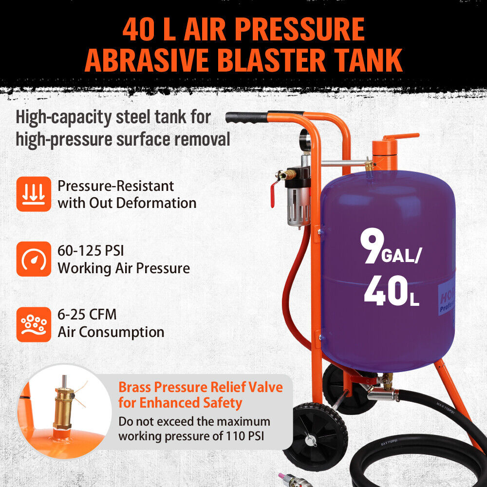 HORUSDY 40L sand blasting tank, featuring a high-pressure abrasive blaster with a 60-125 PSI working range, durable rubber wheels, and a 40L media capacity for heavy-duty surface cleaning.