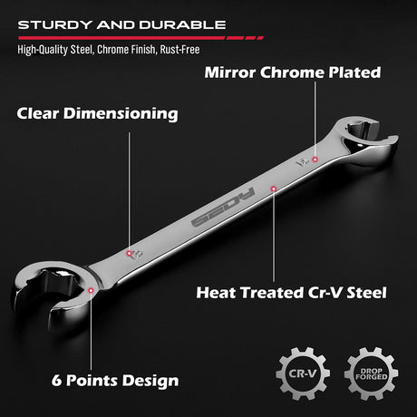 12-piece flare nut spanner set with metric and SAE sizes and Teflon tape for brake line and plumbing repairs