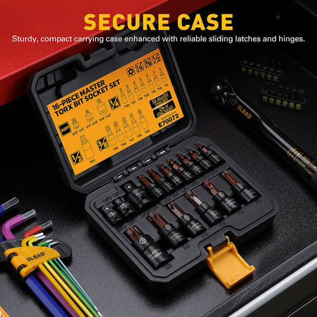 16-piece Torx bit socket set with S2 steel and CR-V, includes 1/4", 3/8", and 1/2" drive sizes, ideal for automotive and mechanical work