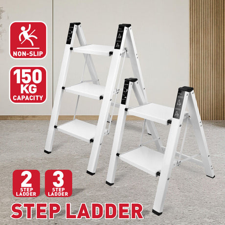 Folding step ladder with 2-step and 3-step options, featuring a compact, space-saving design, non-slip steps, and a 150kg weight capacity, ideal for home and office applications